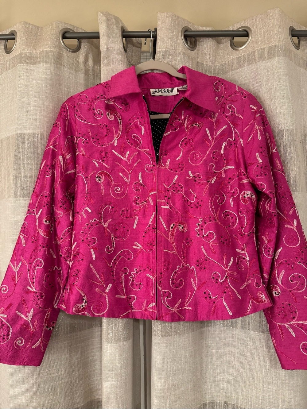 Anage Hot Pink 100% Silk Embroidered Zip-Front Jacket